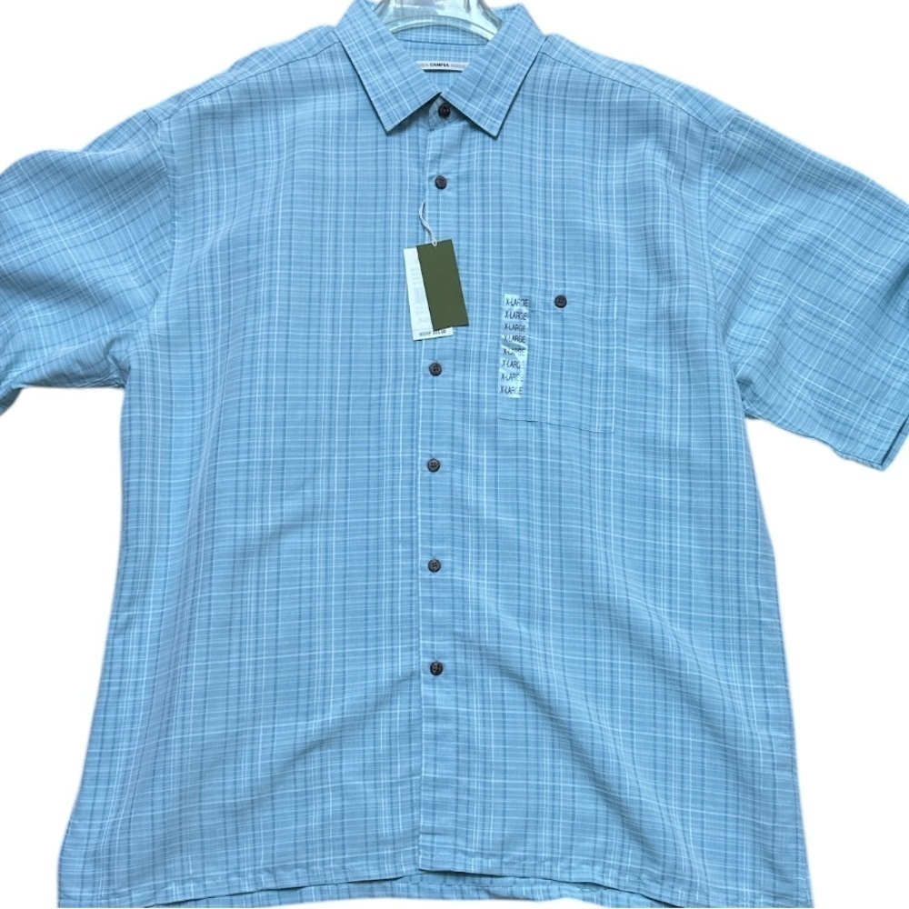 Campus Moda Men’s Plaid Button Up Shirt Short Sleeves Sport Baby Blue/White XL